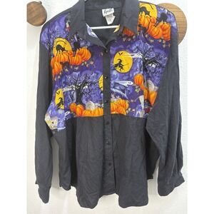 VTG 90s Halloween Button Up Shirt Tap & Co Pumpkins Witches Cats Black Size 20